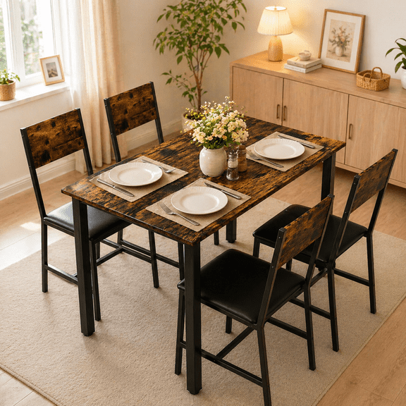 YIORTWO 5-Piece Dining Table Set with 4 Upholstered Chairs, MDF Tabletop with Metal Frame for Small Space, Compact Dinette, Breakfast Nook, Walnut