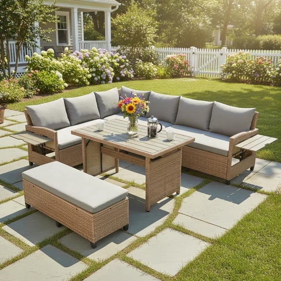 YIORTWO 5-Piece Outdoor Sectional Sofa Set, Rattan Wicker Patio Conversation Set with 2 Extendable Side Tables and Dining Table, Seats 7, Brown