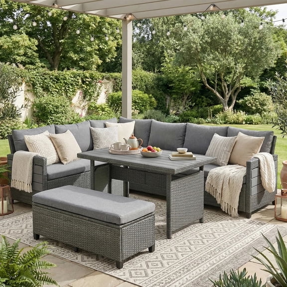 YIORTWO 5-Piece Outdoor Sectional Sofa Set, Rattan Wicker Patio Conversation Set with 2 Extendable Side Tables and Dining Table, Seats 7, Grey