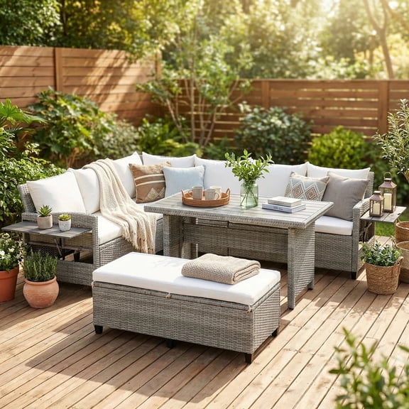 YIORTWO 5-Piece Outdoor Sectional Sofa Set, Rattan Wicker Patio Conversation Set with 2 Extendable Side Tables and Dining Table, Seats 7, White