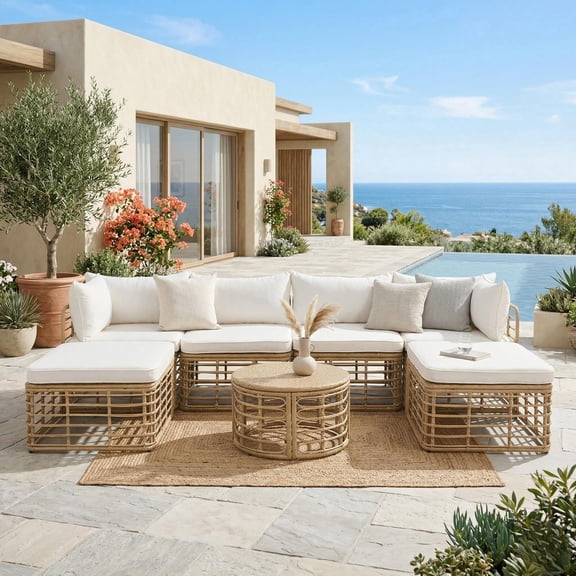 YIORTWO 7-Piece Modular Outdoor Patio Furniture Set, All-Weather Hollow Woven Rattan Sectional Sofa with Round Coffee Table and Horn Buckle Cushions, Beige
