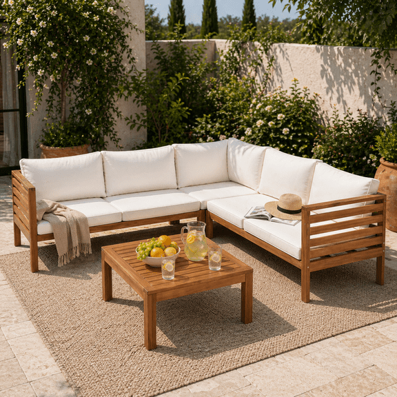 YIORTWO Acacia Wood Outdoor Sofa Set, 4-Piece Modular L-Shaped Sectional with Beige Cushions, Coffee Table, Water-Resistant & UV-Protected, Beige