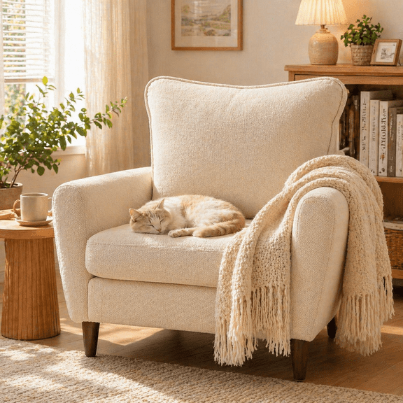 YIORTWO Accent Chair, Modern Upholstered Comfy Sofa Chairs, Single Leisure Sofa with Cushioned Seat, Ergonomic Design, High-Density Foam, Wooden Legs, Sturdy Metal Frame, 380 lbs Capacity, Beige