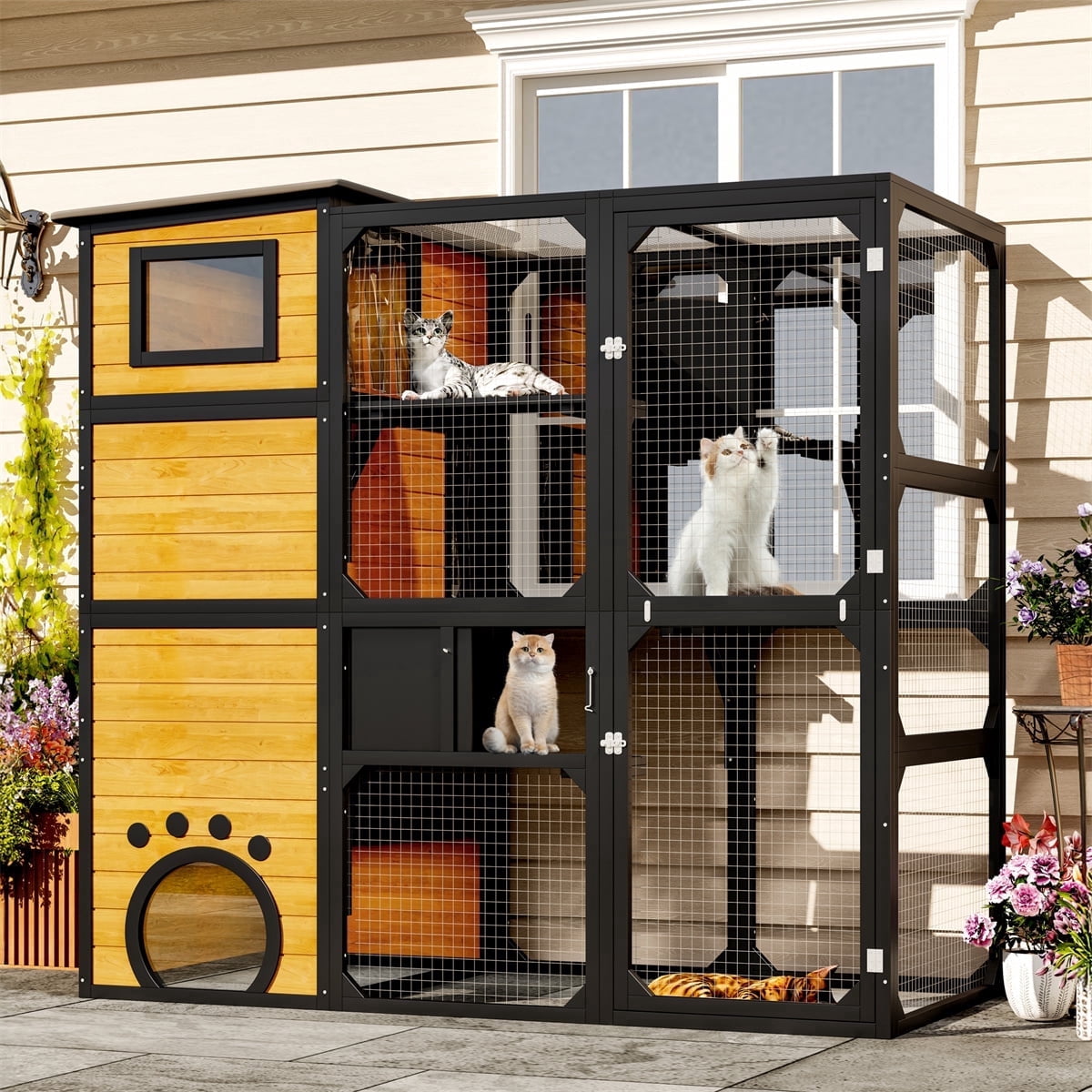 YIORTWO Large Outdoor Catio, 4-Tier Wooden Cat Enclosure Attached to Window, Weatherproof Cat House with Platforms & Resting Rooms, Brown&Black