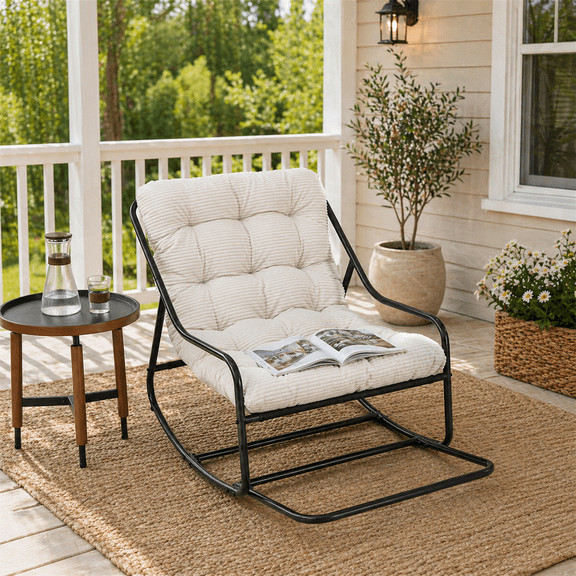 YIORTWO Outdoor Rocking Chair with Integrated Footrest, Modern Patio Rocker with Extra Thick Navy Cushion, Rust-Resistant Steel Frame for Porch & Garden, 300lbs Capacity