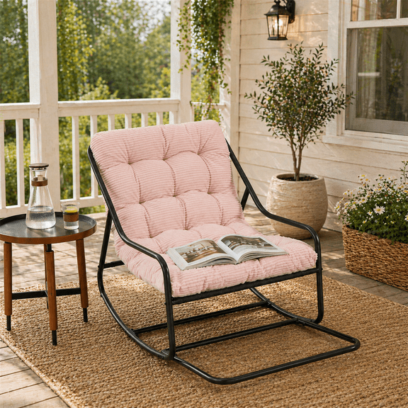 YIORTWO Outdoor Rocking Chair with Integrated Footrest, Modern Patio Rocker with Extra Thick Pink Cushion, Rust-Resistant Steel Frame for Porch & Garden, 300lbs Capacity