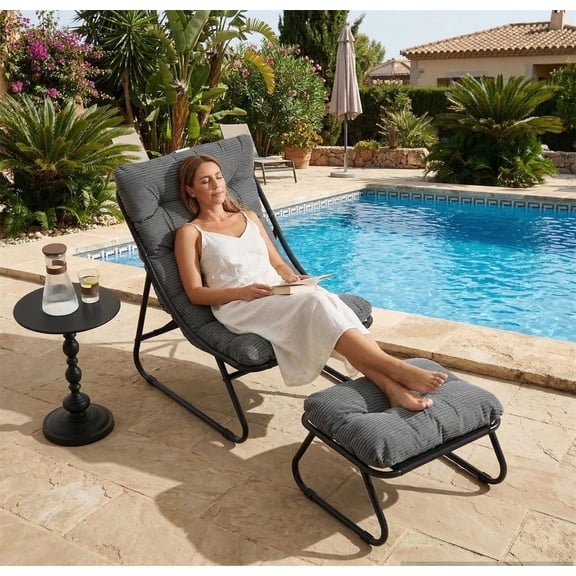 YIORTWO Patio Outdoor Lounge Chair with Ottoman, Sling Recliner Chair with Puffy Cushion & Foot Stool, Metal Frame for Patio, Garden, Poolside
