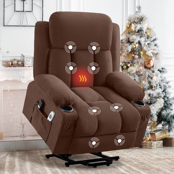 YIORTWO Power Lift Recliner Chair with Heat & Massage, Electric Recliner for Elderly, Fabric Lift Chair with Remote Control, Side Pockets & USB Port for Living Room, Brown