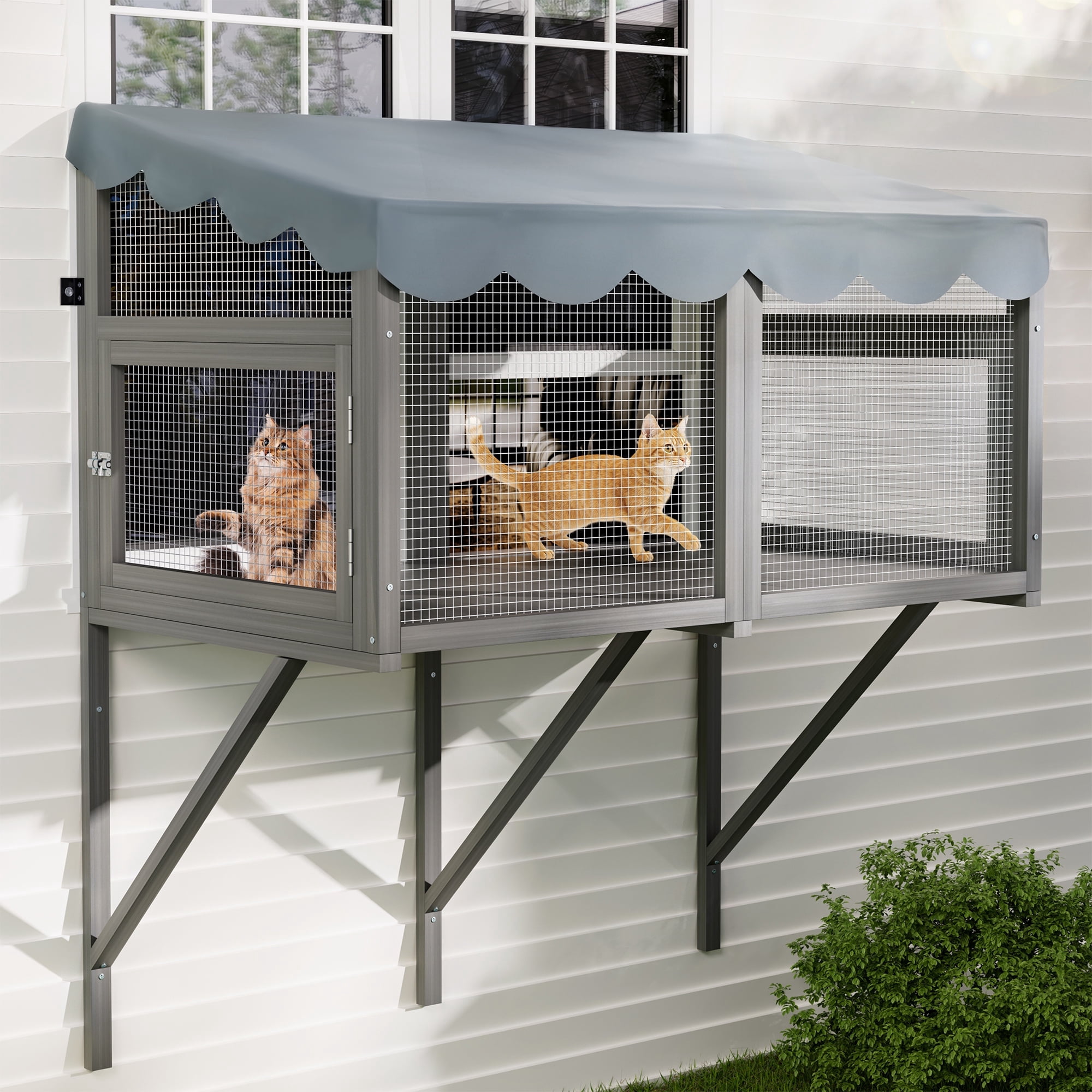 YIORTWO Window Catio for Indoor Cats, Solid Wood Outdoor Cat Window Box with Waterproof Roof, Grey