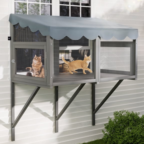 YIORTWO Window Catio for Indoor Cats, Solid Wood Outdoor Cat Window Box with Waterproof Roof, Grey