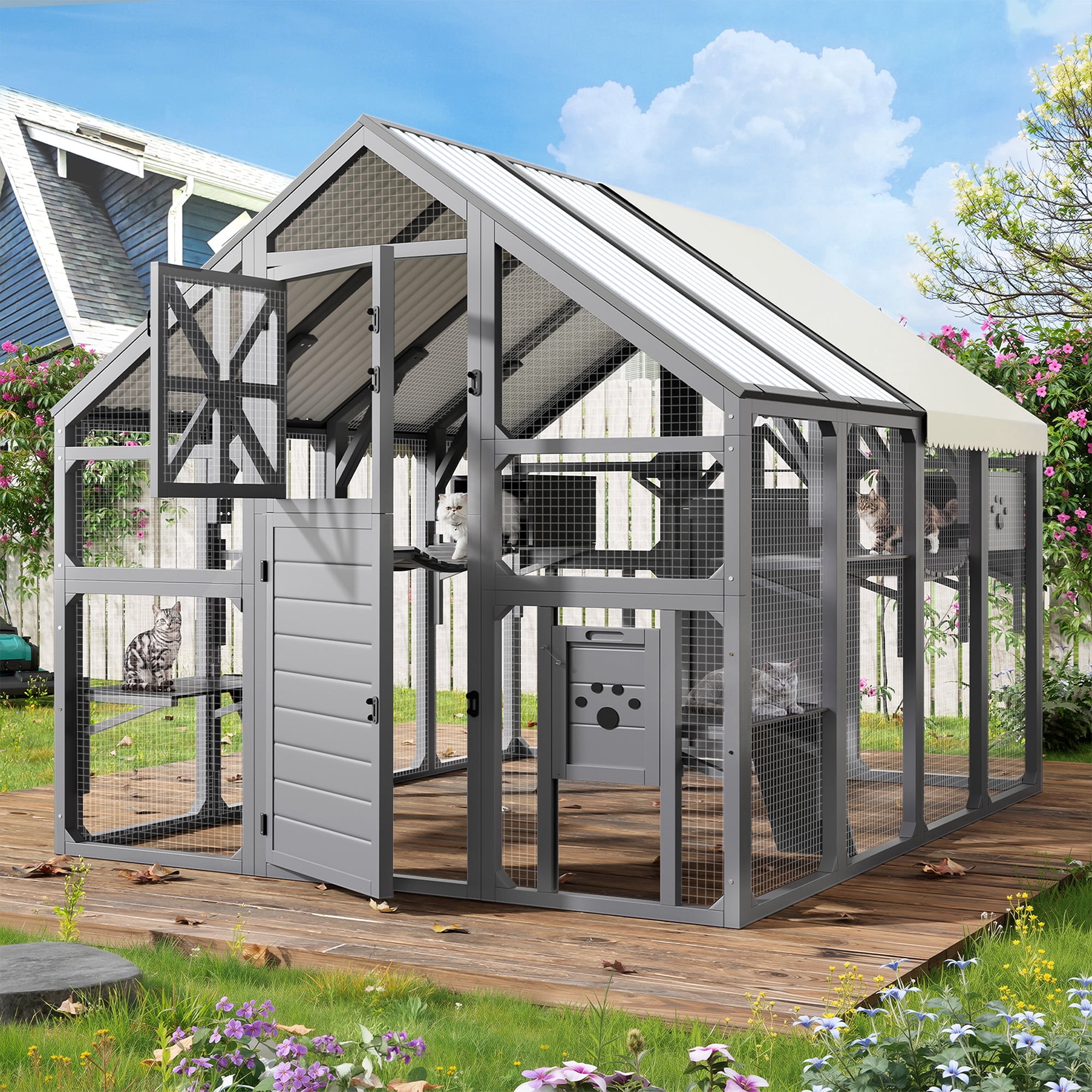YIORTWO XL Outdoor Catio with Cooling PVC Roof, Insulated Wooden Cat Enclosure for Multiple Cats, Walk-in Cat House with 8 Platforms, Bridges & Waterproof Cover, White & Grey
