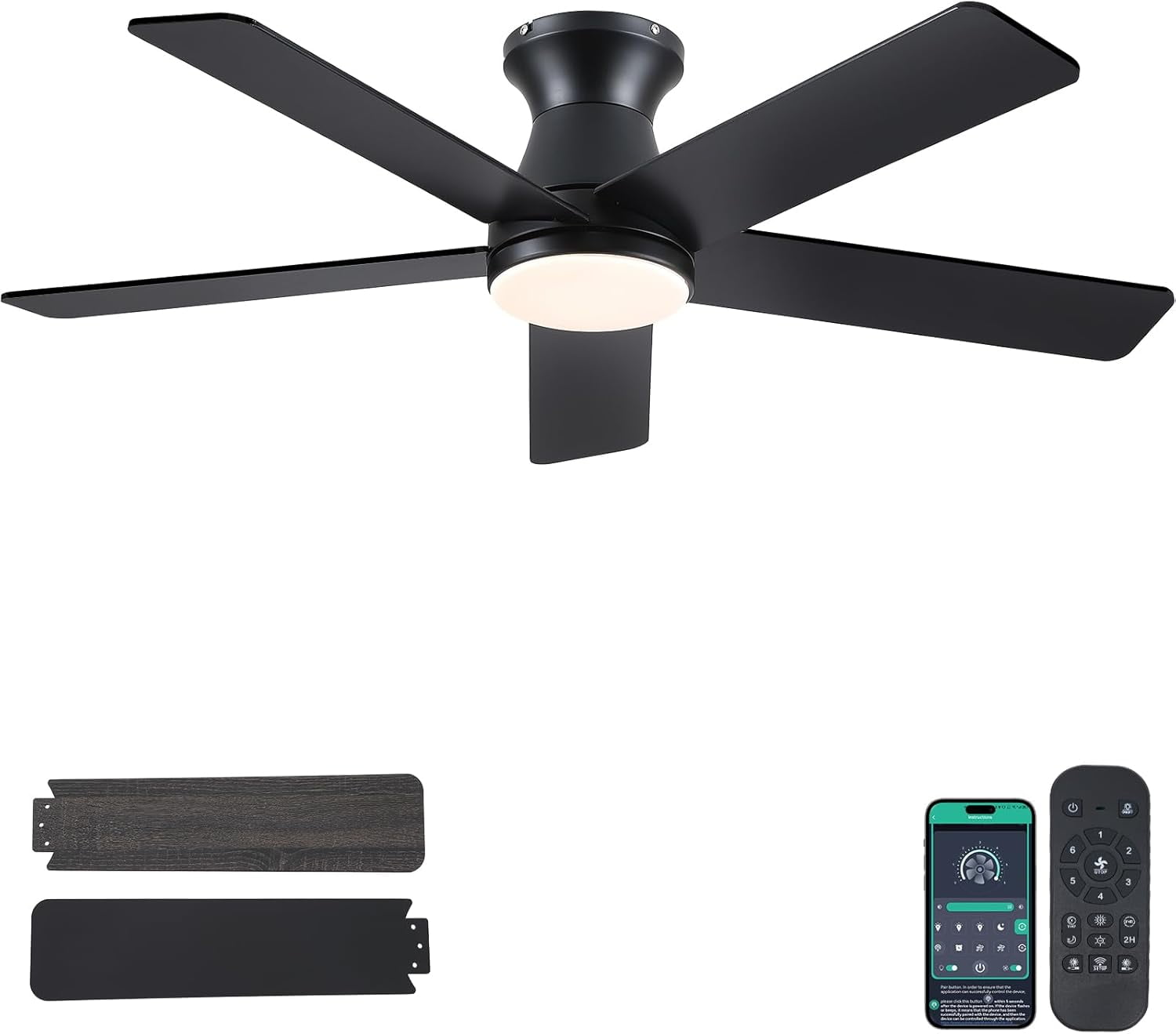 YIOSI 46" Black Low Profile Ceiling Fan with LED Lights, Quiet DC Motor, Remote Control, Reversible Modern Flush Mount Fan for Living Room, Kitchen, Bedroom, Patio - Indoor/Outdoor