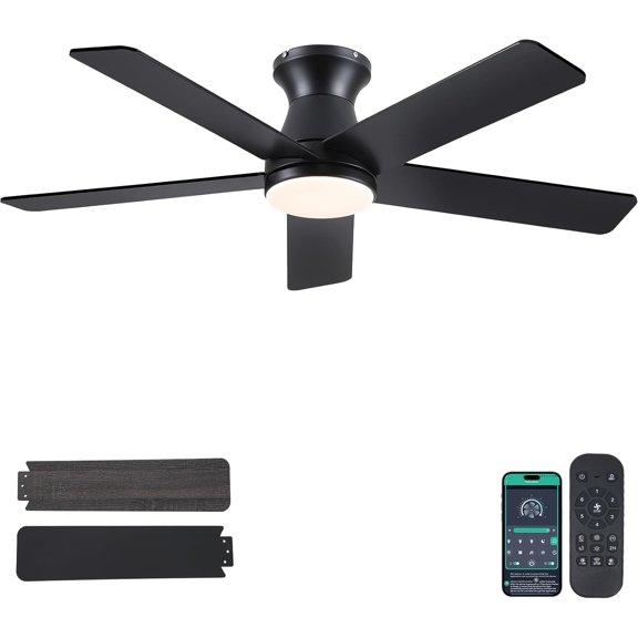 YIOSI 46" Black Low Profile Ceiling Fan with LED Lights, Quiet DC Motor, Remote Control, Reversible Modern Flush Mount Fan for Living Room, Kitchen, Bedroom, Patio - Indoor/Outdoor
