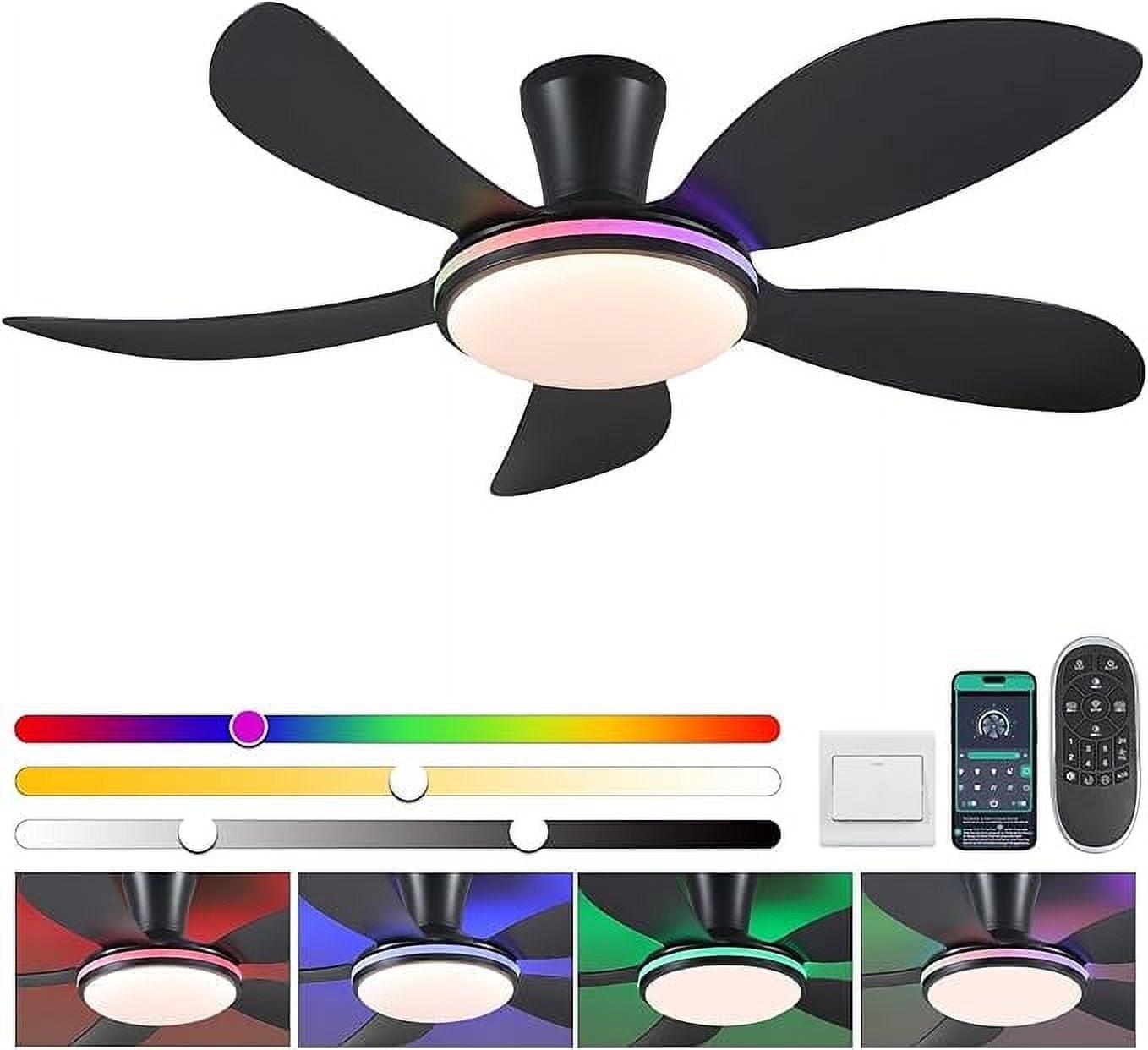 YIOSI 48'' Black Ceiling Fan with Lights and Remote /APP Control,Low Profile Modern Ceiling Fan,Outdoor Flush Mount Ceiling Fan 6-Speed Reversible DC Motor for Living Room Bedroom Indoor,RGB Lighting