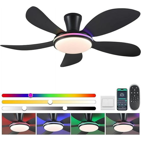 PHORUS 48in Ceiling Fan with Lights Modern Fan Light with Remote RGB LED Black for Bedroom Living Room