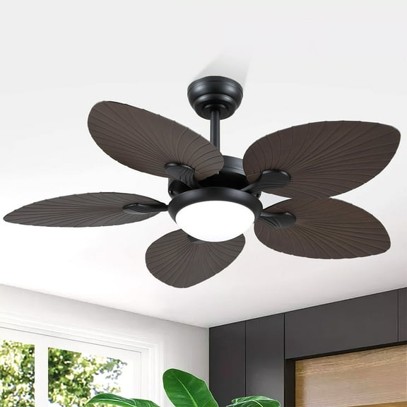 YIOSI 44" Tropical Palm Leaf Ceiling Fan with LED Lights, Remote/APP Control, Quiet Reversible Motor, Dimmable Lighting, Indoor/Outdoor Ceiling Fans for Patios, Porches, Bedrooms - Brown