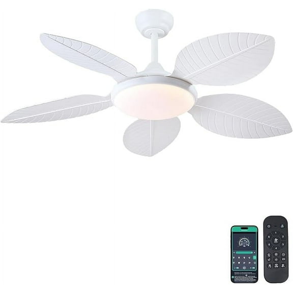 YIOSI 48" Tropical Ceiling Fan with LED Lights, Remote/APP Control, 6 Speeds, Dimmable, Reversible Palm Leaf, Quiet Motor, Adjustable Height, Indoor/Outdoor