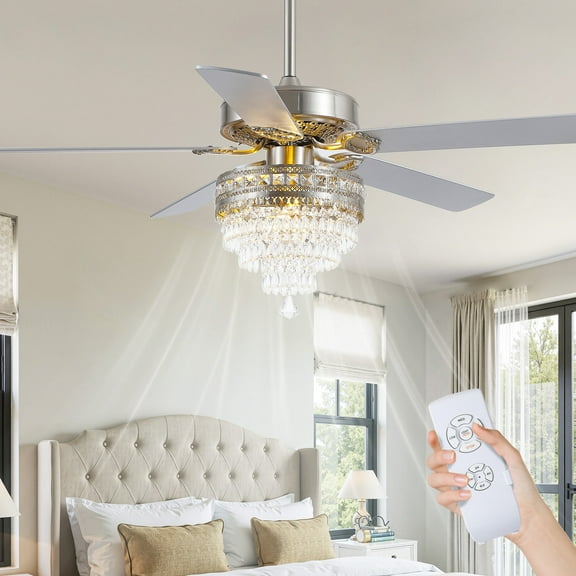 YIOSI 52" Crystal Ceiling Fan Fandelier with Remote Control, Modern Chrome Chandelier Ceiling Fan, Whisper-Quiet Motor, Reversible Blades, LED Lighting, Energy-Efficient, Elegant Living Room Fan