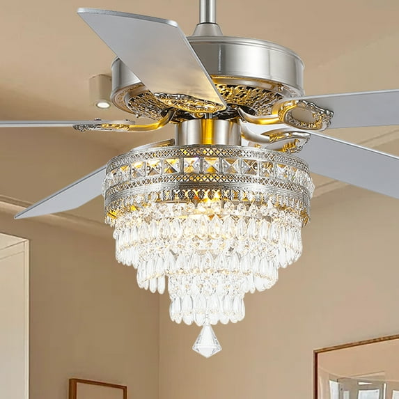 YIOSI 52" Crystal Ceiling Fan Fandelier with Remote Control, Modern Chrome Chandelier Ceiling Fan, Whisper-Quiet Motor, Reversible Blades, LED Lighting, Energy-Efficient, Elegant Living Room Fan