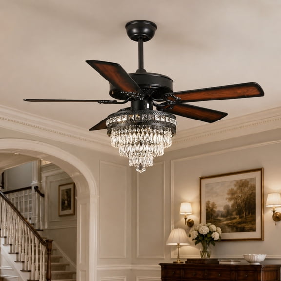Phorus 52 Inch Black Crystal Ceiling Fan with Light, 5 Blade Modern Fandelier with Remote Control and LED Light for Bedroom Living Room