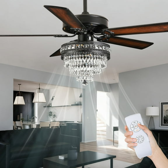YIOSI 52" Crystal Ceiling Fan with Lights & Remote, Noiseless Copper AC Motor, LED Retro Chandelier, Farmhouse Lighting for Living Room, Bedroom, Dining Room, Energy-Efficient, Timer, Modern Fan