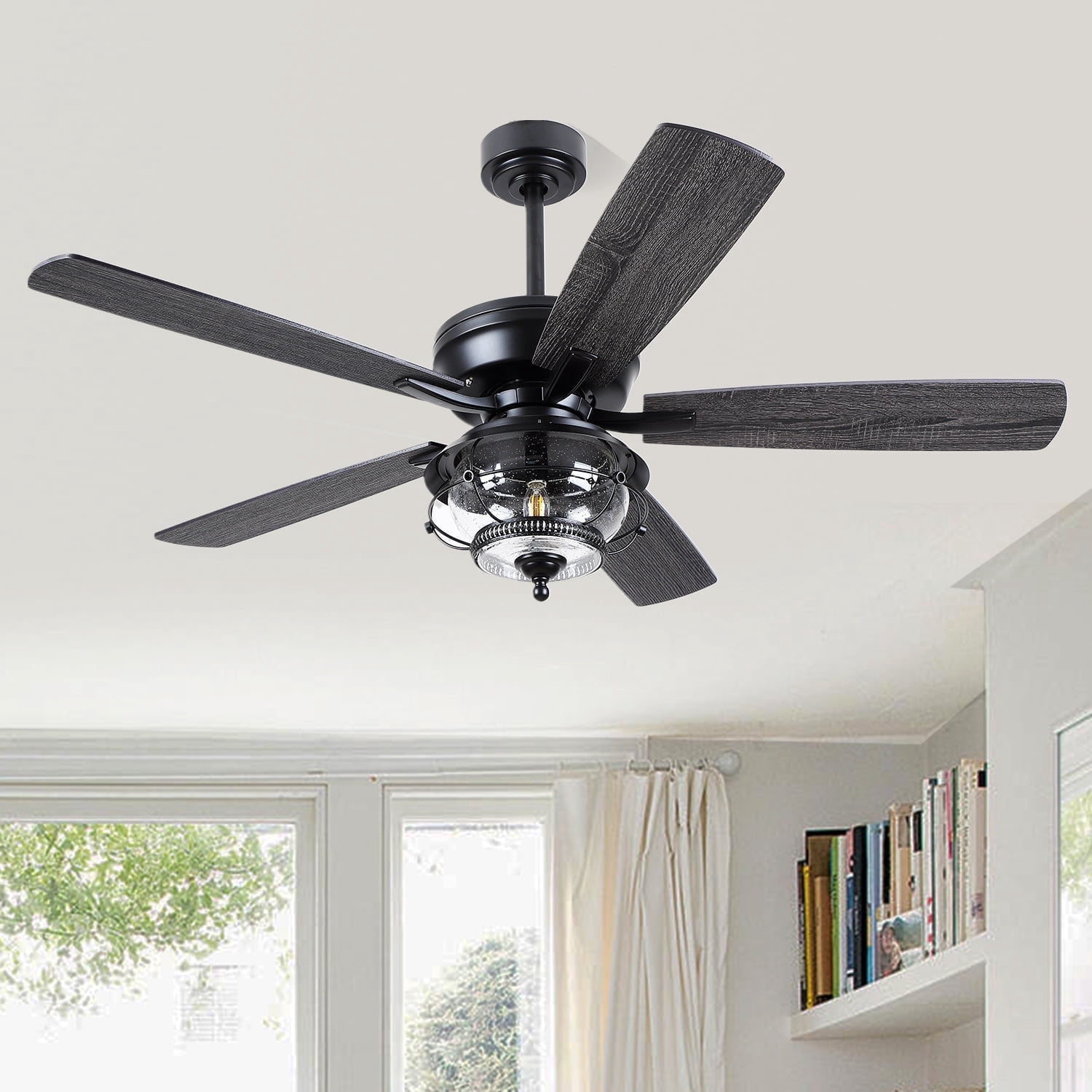 YIOSI 52-Inch Outdoor Ceiling Fan with Light and Remote, Black Modern, LED E26 Bulb