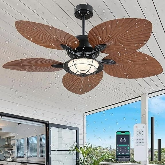 YIOSI 52" Tropical Ceiling Fan with LED Lights, Remote, Outdoor Palm Leaf Design