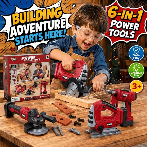 YIPYER 6-in-1 Power Tools Toys, Simulated Electric Tool Set, Educational Pretend Play Building Kit for Kids