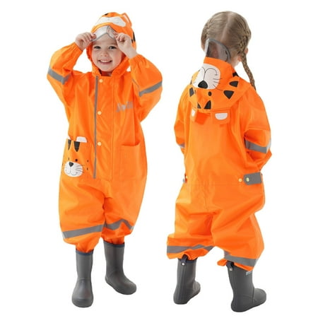 YIQAUMA Girls Boys Rain Suit Toddlers Kids Waterproof Coverall Rainsuit One Piece Rain Coat Orange, M