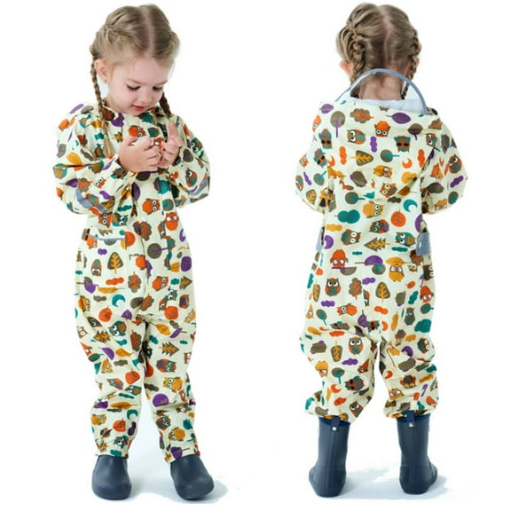 YIQAUMA Girls Boys Rainsuit Toddlers Kids Rain Suit Waterproof Coverall One Piece Rain Coat Beige, M