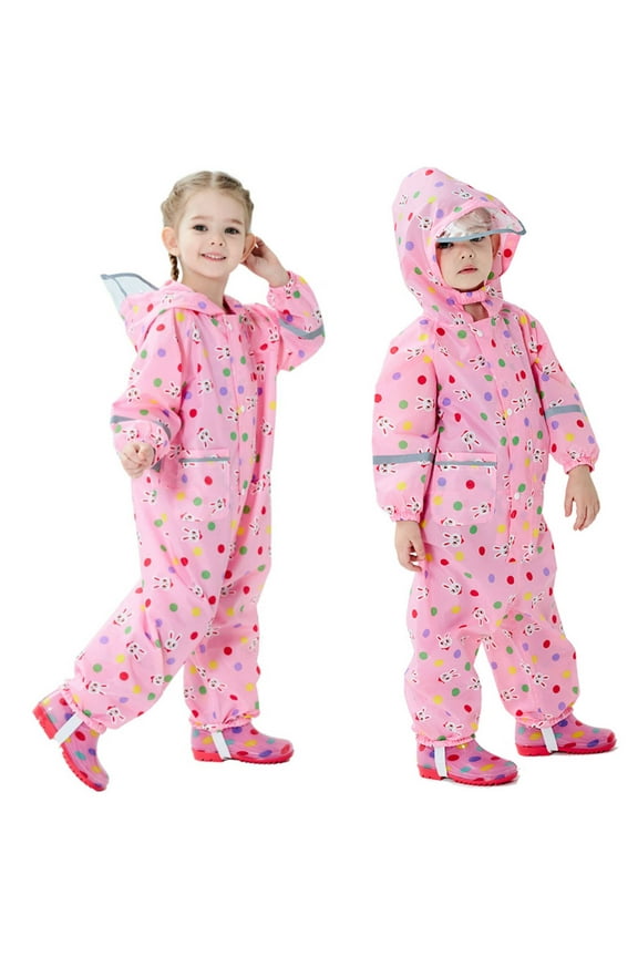 Girls Boys Rainsuit Toddlers Kids Rain Suit Waterproof Coverall One Piece Rain Coat Pink, M