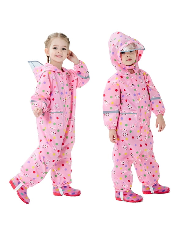 Girls Boys Rainsuit Toddlers Kids Rain Suit Waterproof Coverall One Piece Rain Coat Pink, S