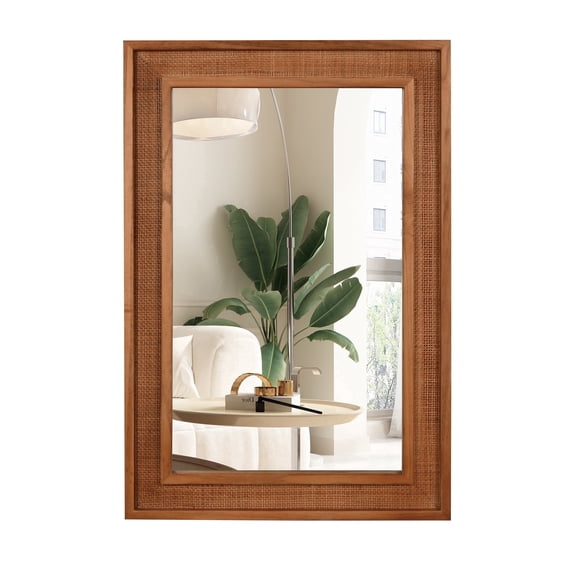 YIQMI 20x30 inch Rectangle MDF Wood Wall Mirror Medium Brown Woven Rattan Hanging Mirror for Farmhouse, Bathroom