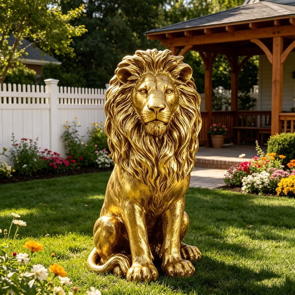 YIQMI 24 Inch Gold Lion Statue, Resin Outdoor Guardian Sculpture with Metallic Finish for Garden, Patio, Front Door