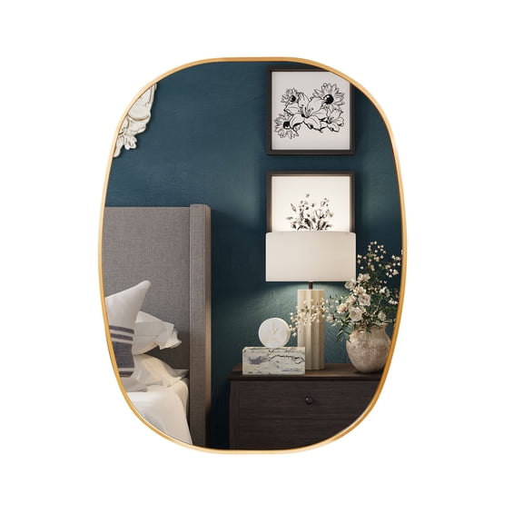 YIQMI 24x32 Inch Gold Pill Shaped Wall Mirror, Lightweight Aluminum Capsule Decor Mirror with Tempered Glass for Bathroom, Vanity, Entryway