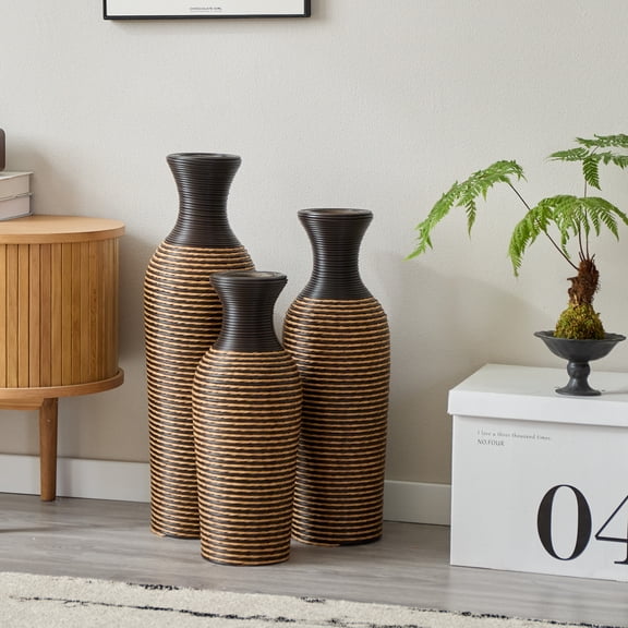 YIQMI Farmhouse Rattan Floor Vase Set of 3 PVC Woven Tall Vases for Dried Flowers, Home Corner Decor, Housewarming Gift