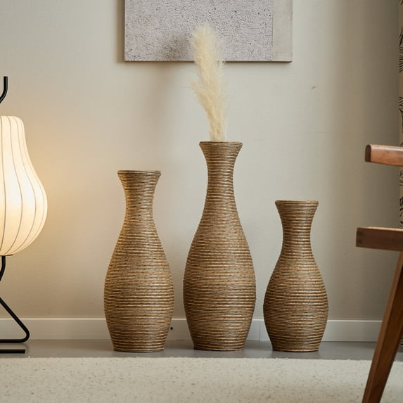 YIQMI Faux Rattan Floor Vase Set of 3 Boho Natural Beige PVC Tall Vases Home Decor, Housewarming Gift