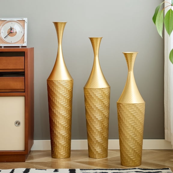 YIQMI Gold Metal Floor Vase Set of 3 Handcrafted Woven Tall Decorative Vases with Rustproof Finish for Living Room, Entryway, Modern Home Decor