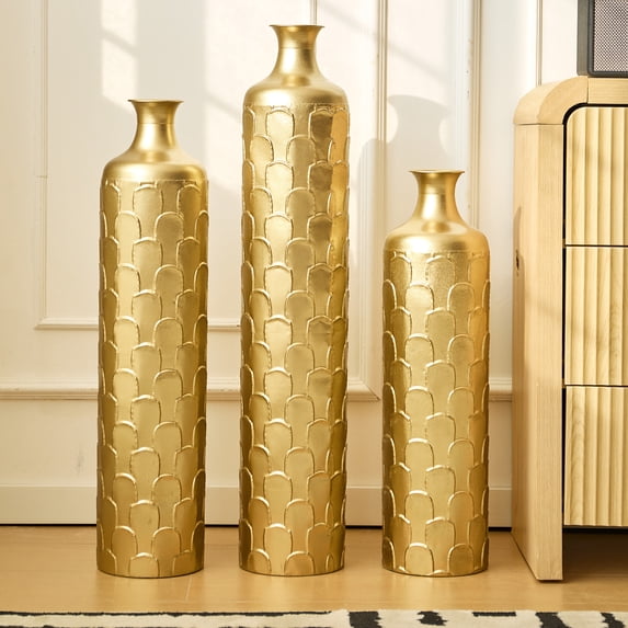 YIQMI Gold Scale Floor Vase Set of 3 Tall Metal Decorative Pampas Grass Vases for Mother's Day, Thanksgiving, Christmas, Galentine's Day