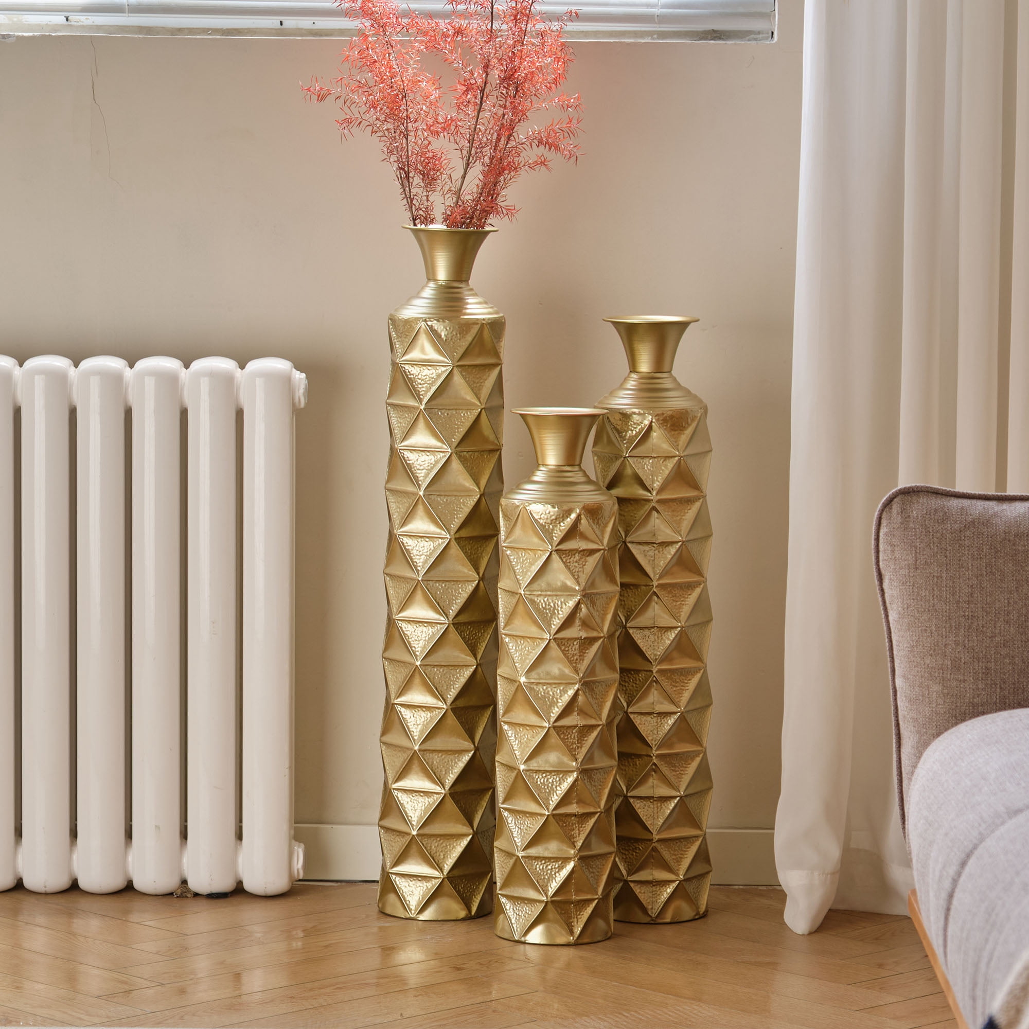 Triangular Abstract Vases YIQMI Gold Triangle 3D Floor Vase Set of 3 Metal Tall Decorative Vases ...