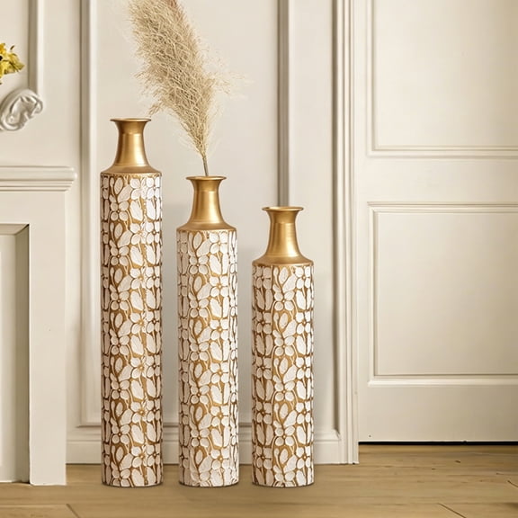 YIQMI Gold White 3D Flower Floor Vase Set of 3 Metal Tall Vases for Dried Peonies, Preserved Hydrangeas, Thanksgiving, Christmas, Housewarming