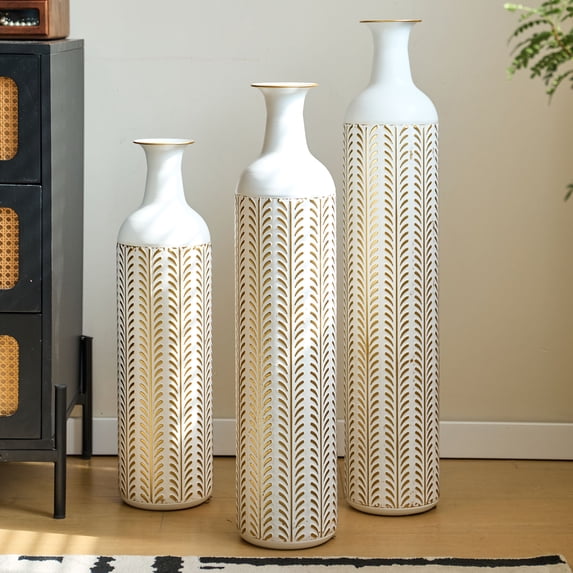 YIQMI Gold White Leaf Floor Vase Set of 3 Metal Tall Vases 31/28/24 in for Faux Olive, Preserved Eucalyptus, Housewarming, Mother's Day