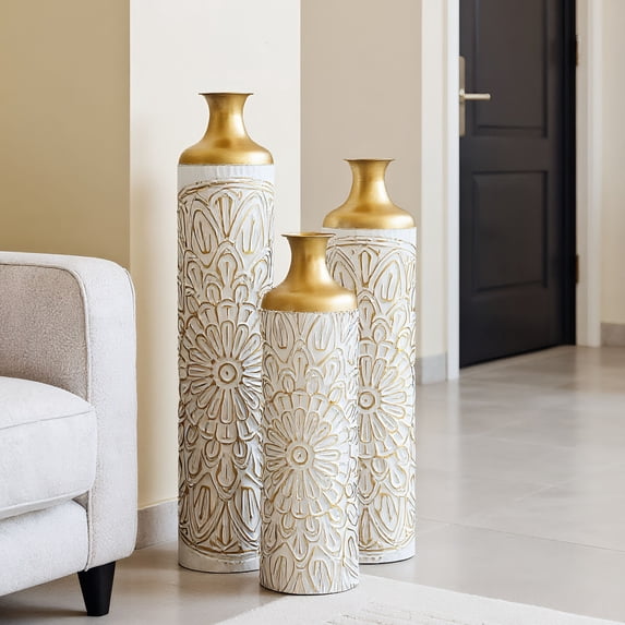 YIQMI Gold White Sunflower Floor Vase Set of 3 Metal Tall Decorative Dried Flowers Vases