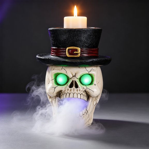 YIQMI Halloween Top Hat Skull Figurine with Mist & Green Glow, Candle Holder Tabletop Decor for Party, Bar, Porch