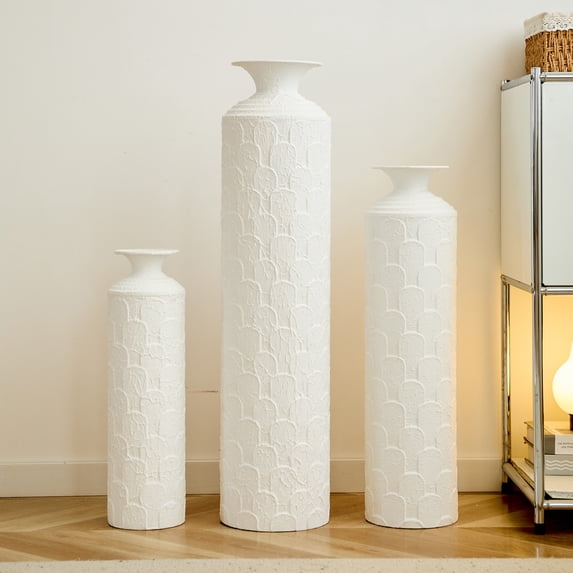 YIQMI Nestable Metal Floor Vase Set of 3 Textured White Tall Decorative Vases for Dried Flowers