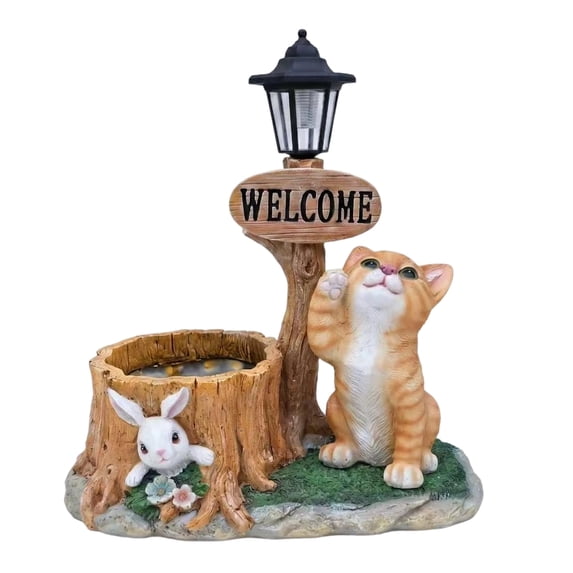 YIQMI Orange Tabby Cat and Rabbit Garden Statue with Solar LED Lamp, Outdoor Resin Tree Stump Planter Pot with Welcome Sign for Patio, Lawn