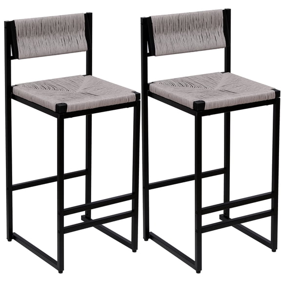 2 Sets Rattan Barstools Counter Height Bar Stools Boho Kitchen Island Chairs with Cane Backs for Counter Dining Room Home Bar, Grey