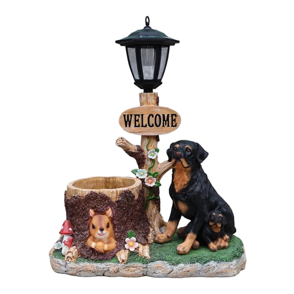 YIQMI Removable Black Brown Sitting Dogs Garden Statue with Solar LED Lamp, Outdoor Resin Tree Stump Planter with Squirrel for Patio, Lawn, Porch