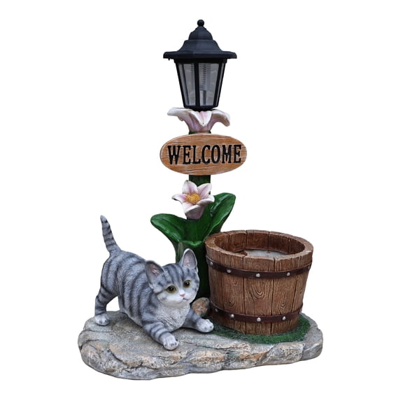 YIQMI Removable Tabby Cat Garden Statue with Solar LED Lamp, Outdoor Resin Barrel Planter with Welcome Sign, Detachable Kitten Lawn Decor for Patio, Porch, Yard