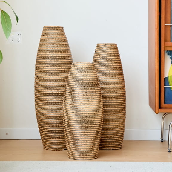 YIQMI Set of 3 PVC Woven Tall Vases Olive Shaped Rattan Floor Vase for Living Room, Entryway, Boho Coastal Decor, Housewarming Gift